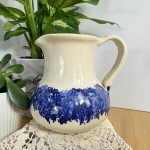 Vintage Handmade Pottery Pitcher Blue Spongeware Glaze Creamer Jug Farmhouse Art